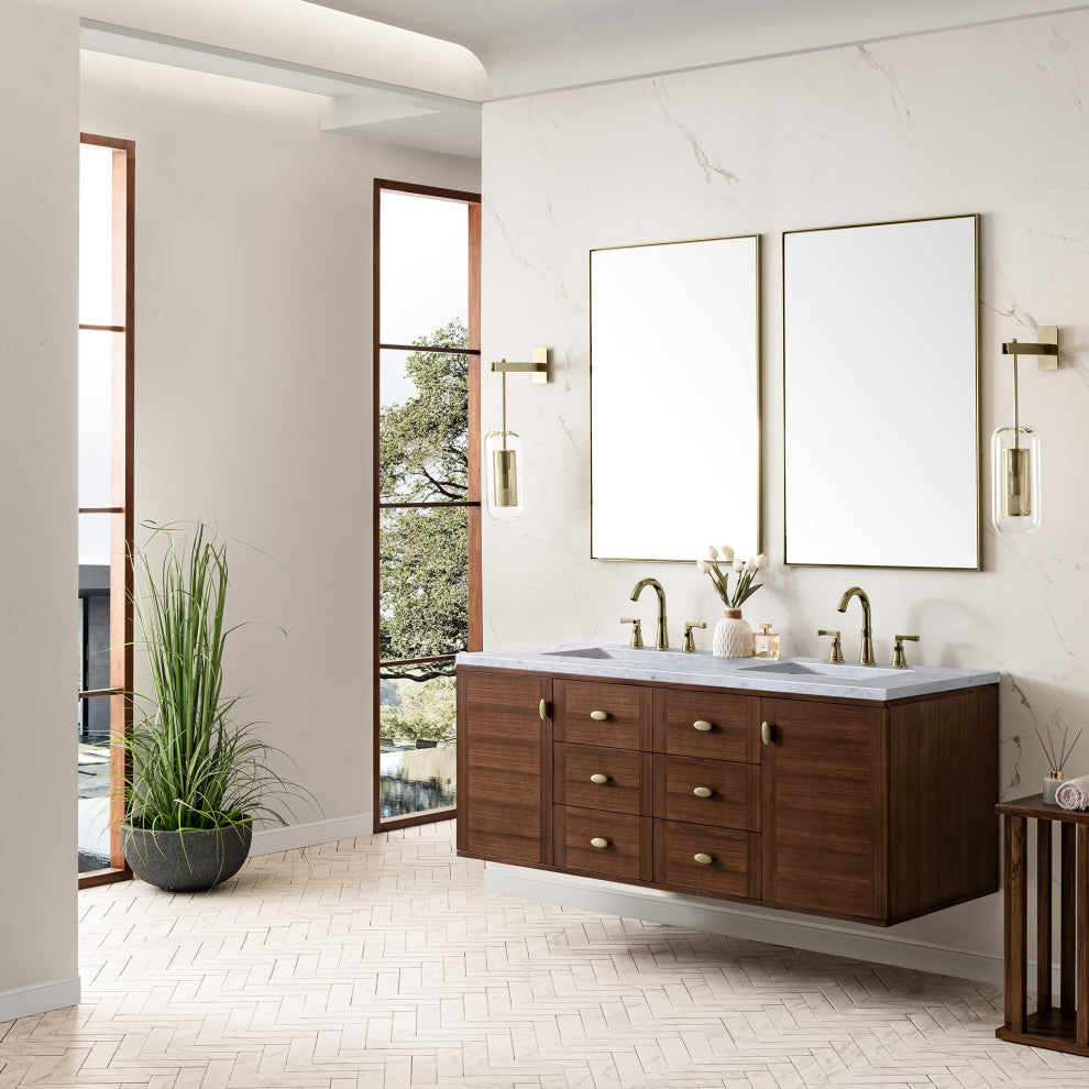 Amberly 30" Single Vanity, Mid-Century Walnut, 60", Carrara Marble, Three-Hole