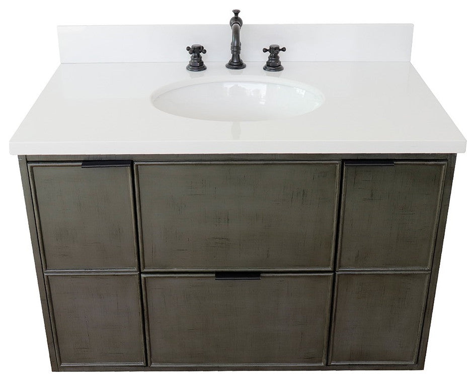 37" Single Wall Mount Vanity, Linen Gray Finish With White Engineered Stone Top