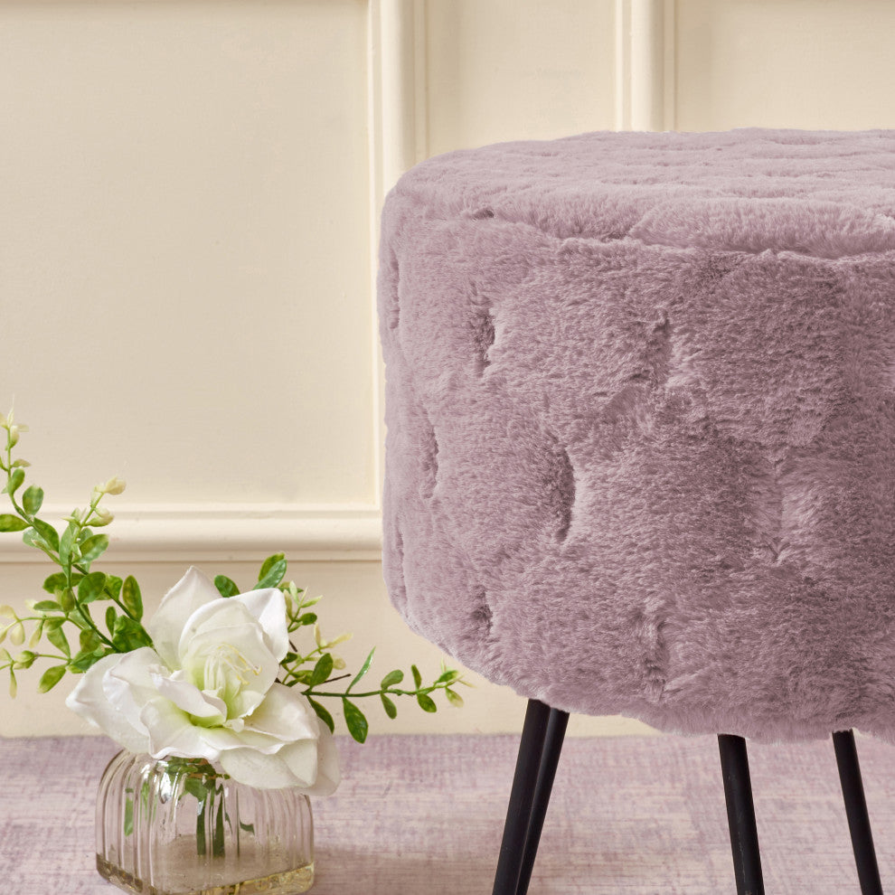 Jacquard Solid Faux Fur Round Ottoman, 18" x 18" x 18", Violet Ice