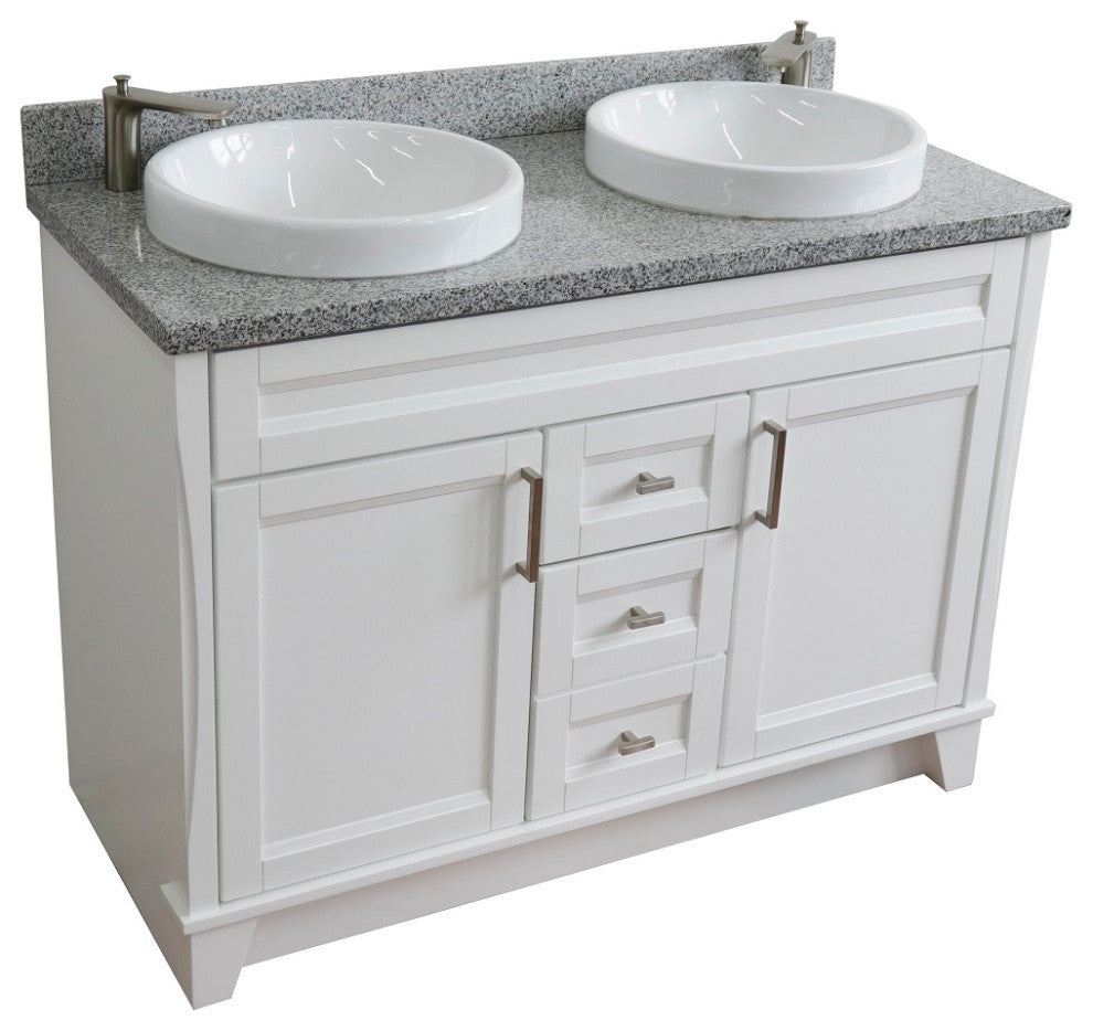 48" Double Sink Vanity, White Finish With Gray Granite And Round Sink