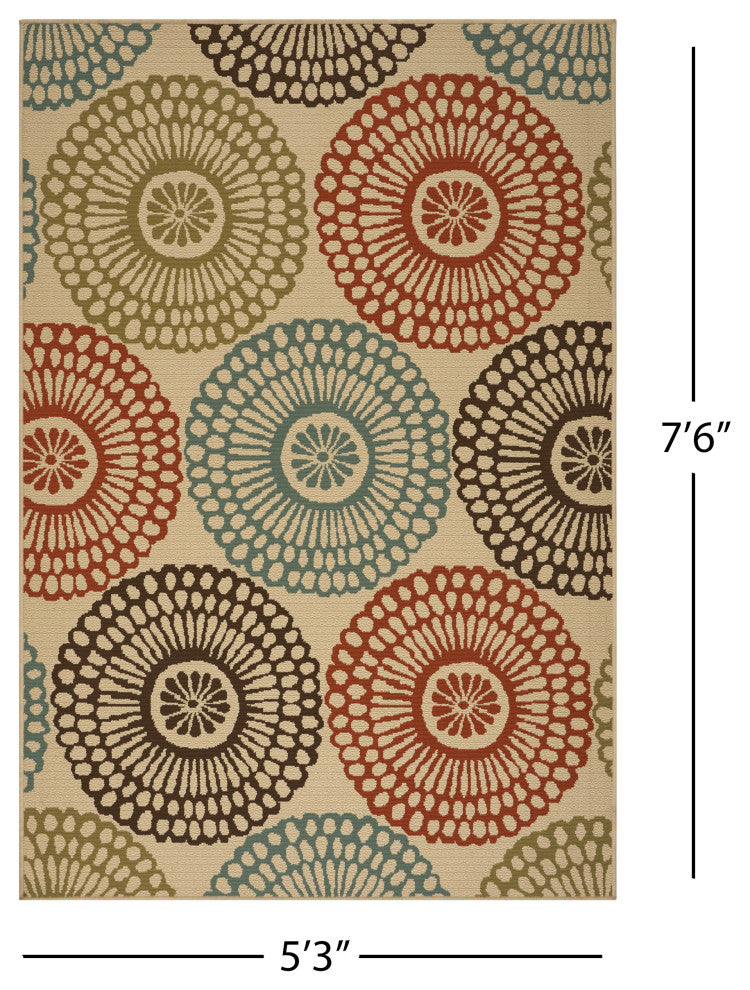 GDF Studio Dahlia Outdoor Floral  Area Rug, Beige and Multicolored, 5'x8'