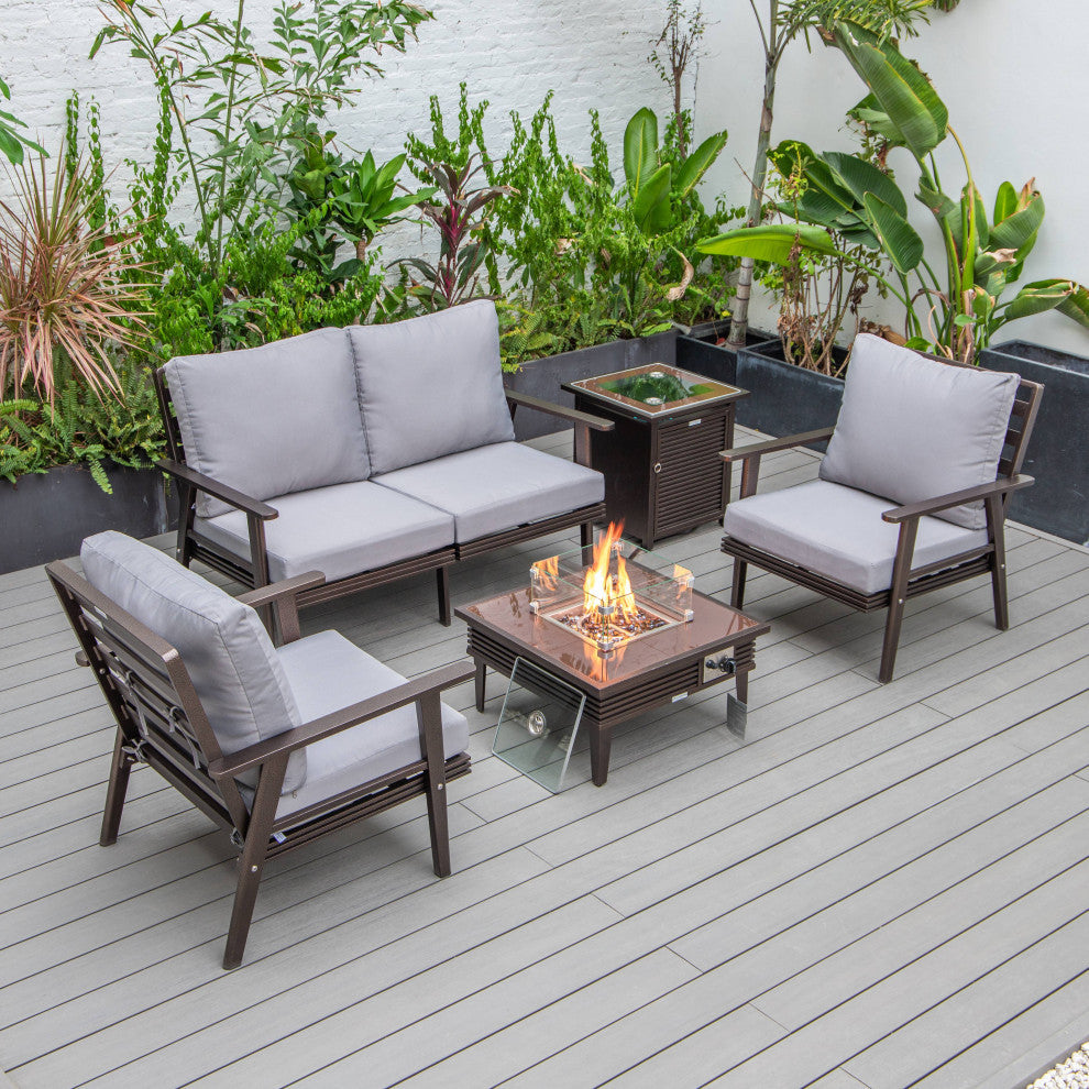 LeisureMod Walbrooke Patio Conversation Set With Fire Pit Table, Grey