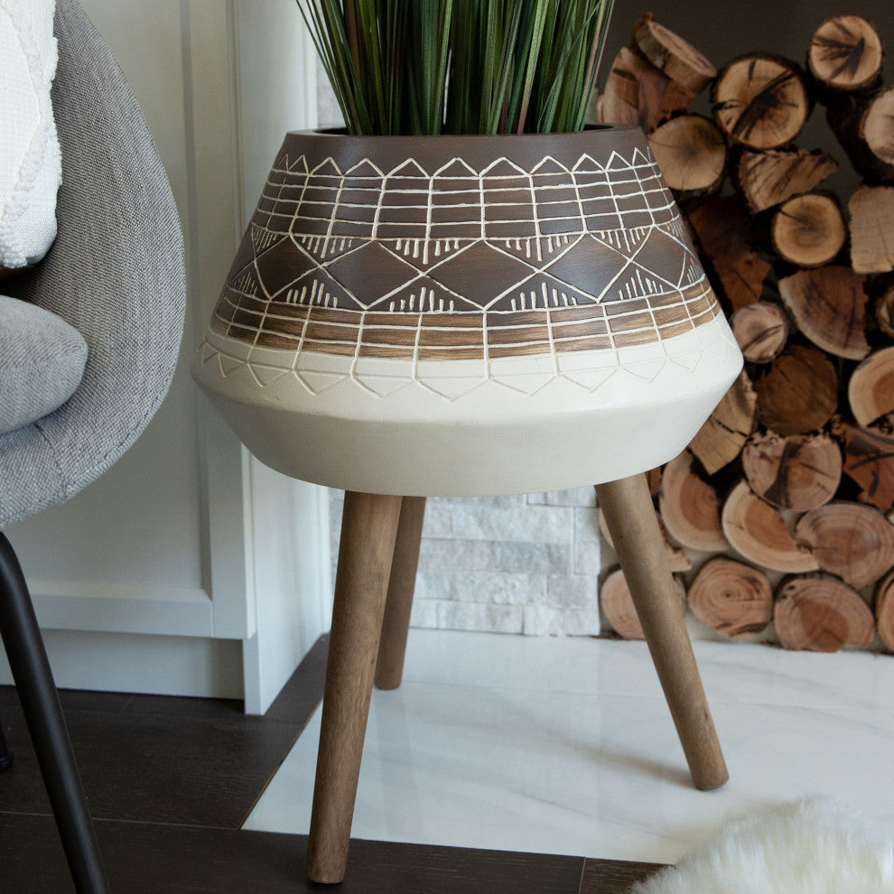 18" Fiberglass Pot On Stand, Brown