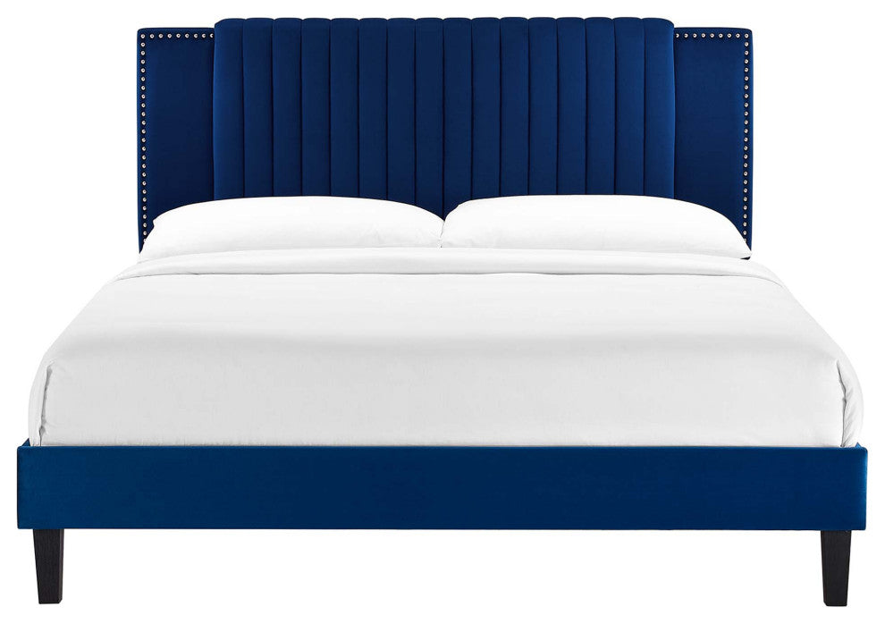 Zahra Channel Tufted Performance Velvet Twin Platform Bed, Navy
