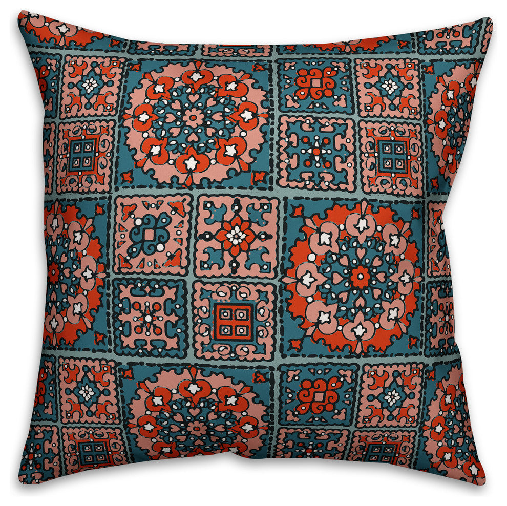 Patchwork Mandala, Blue and Red Throw Pillow Cover, 16"x16"