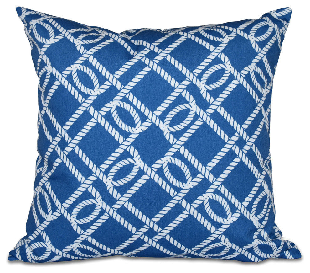 Know The Ropes, Geometric Print Outdoor Pillow, Blue, 18"x18"