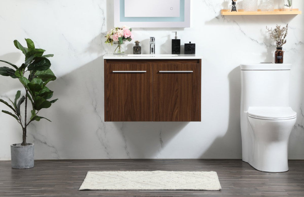 Phoebe Single Bathroom Vanity, Walnut, 30", Without Backsplash