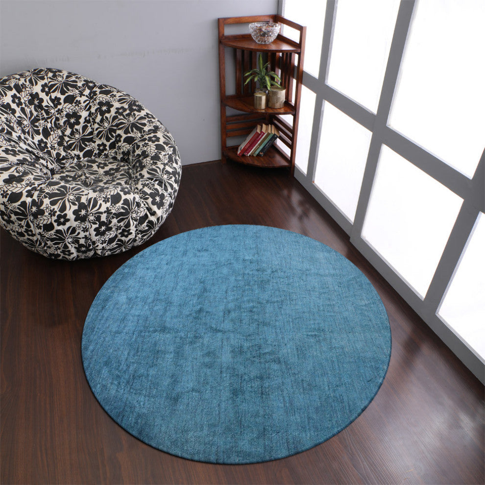 Hand Knotted Loom Silk Mix Area Rug Solid Blue