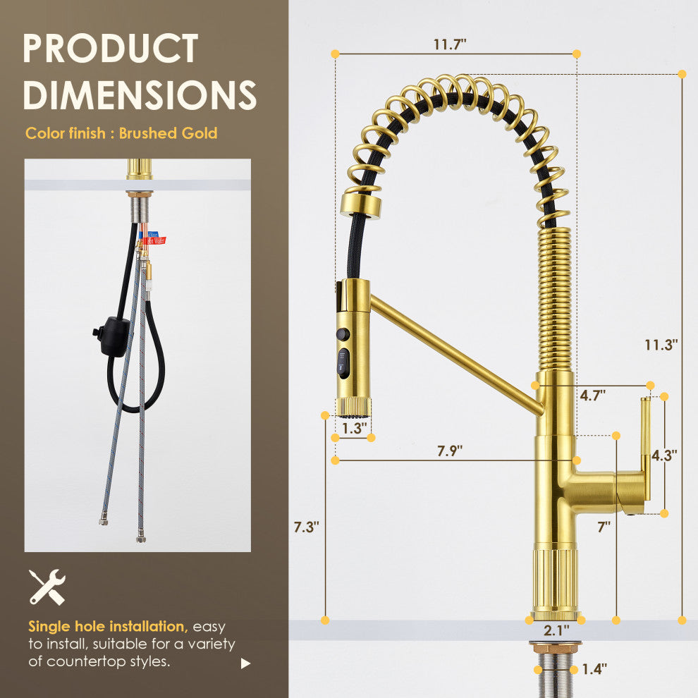 Nette Single-Handle Kitchen Faucet With Pull Down Sprayer, Brushed Gold