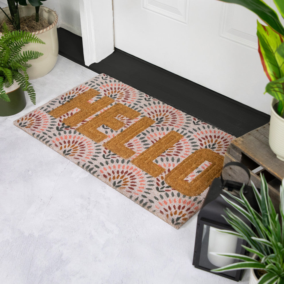 Brown and Pink "Hello" Floral Coir Outdoor Doormat 18" x 30"