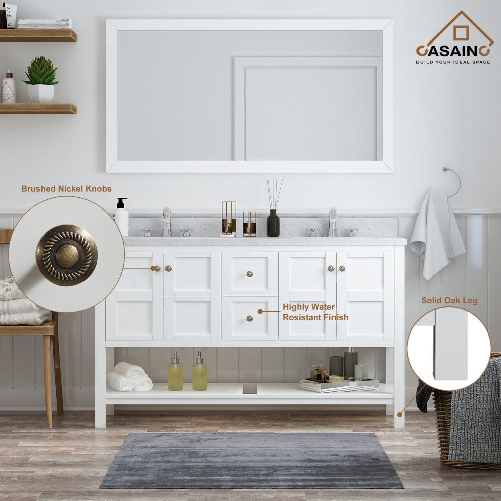 CASAINC 60" Marble Top Luxury Double Sink Bathroom Vanity, White