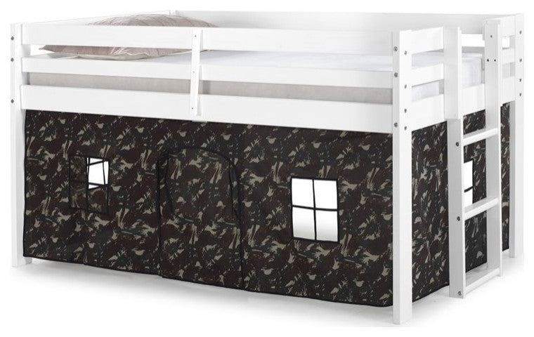Jasper Twin Junior Loft Bed, White Frame, Green Camouflage Bottom Playhouse Tent