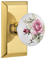 Double Studio Plate With Rose Porcelain Knob, Polished Brass