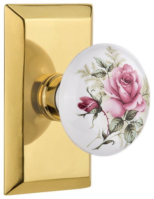 Double Studio Plate With Rose Porcelain Knob, Polished Brass