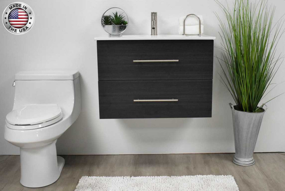 Napa 30" Modern Floating Bathroom Vanity With Round Handles Cabinet Only, Black Ash
