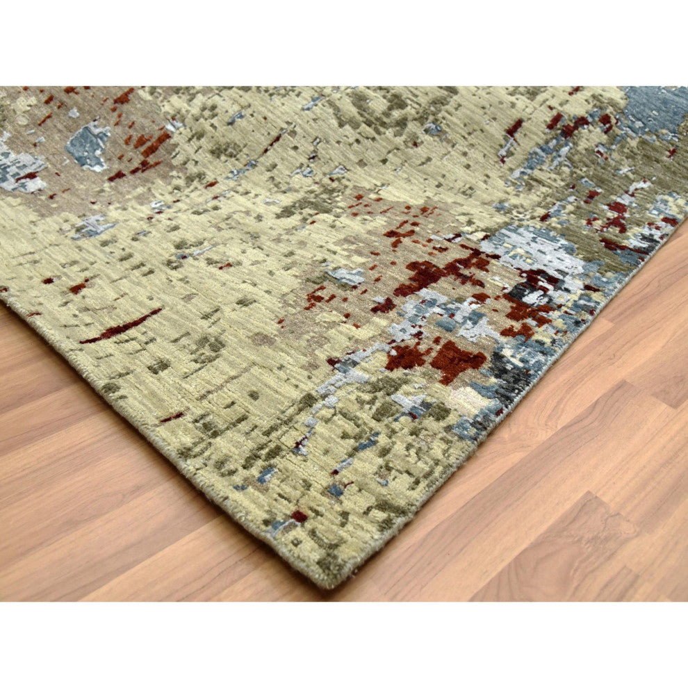 Bone Gray Natural Wool Hand Knotted Abstract Design Oriental Rug, 10'0"x14'2"