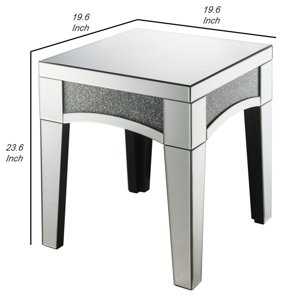 Benzara BM252330 End Table With Mirror Trim and Faux Stone Inlays, Silver