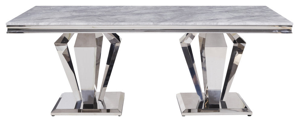 Satinka Dining Table, Light Gray Printed Faux Marble and Mirrored Silver Finish
