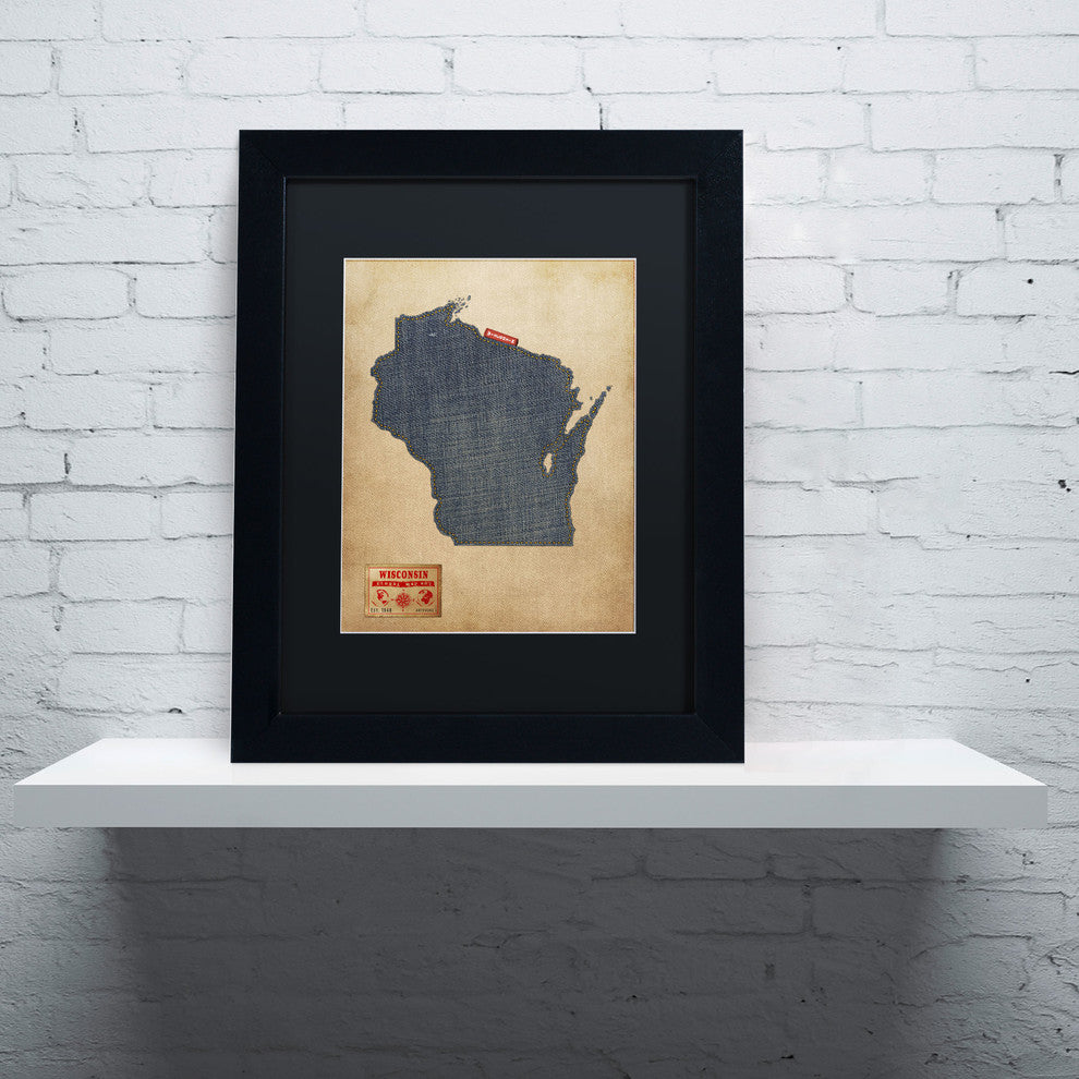 'Wisconsin Map Denim Jeans Style' Matted Framed Canvas Art by Michael Tompsett