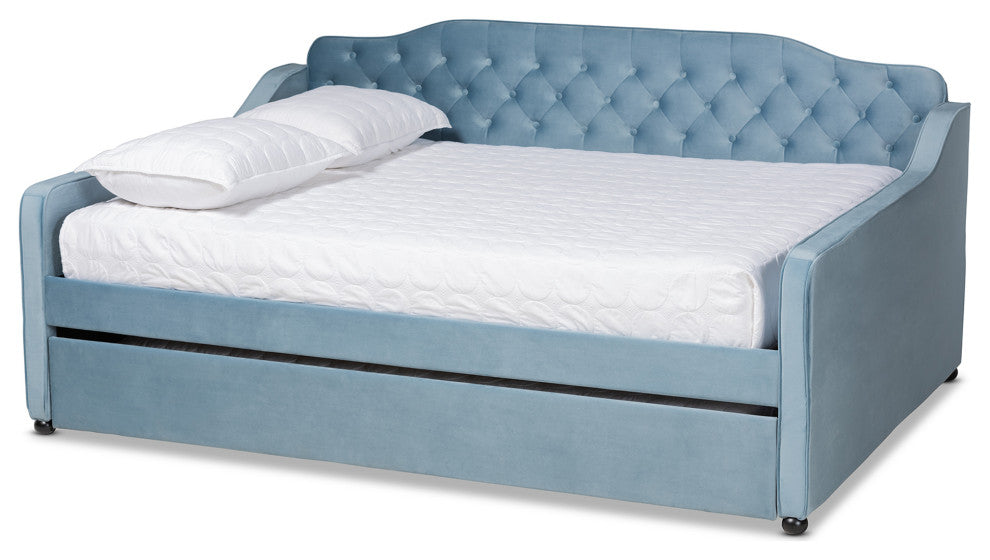 Hadgeon Light Blue Velvet Queen Daybed With Trundle