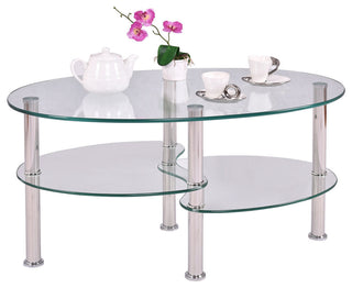 Costway Tempered Glass Oval Side Coffee Table Shelf Chrome Base Room Clear