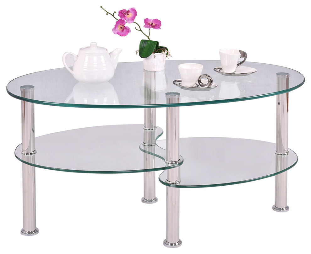 Costway Tempered Glass Oval Side Coffee Table Shelf Chrome Base Room Clear