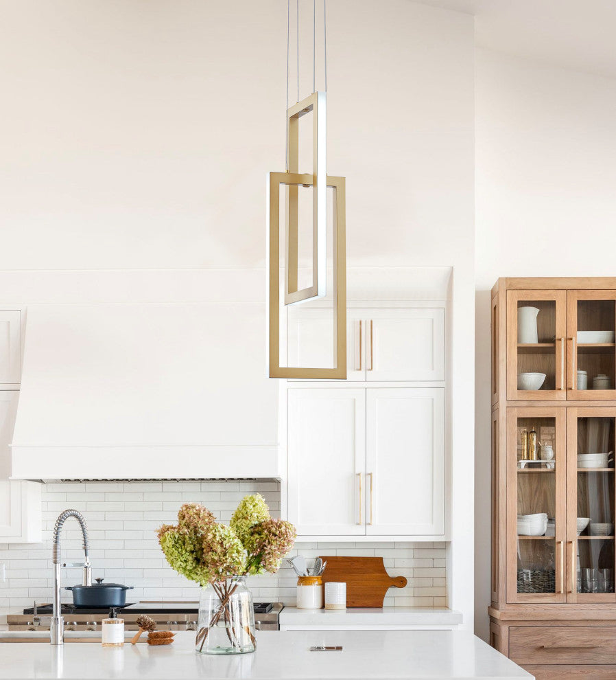 2-Light Rectangle LED Pendant Light Chandelier, Gold