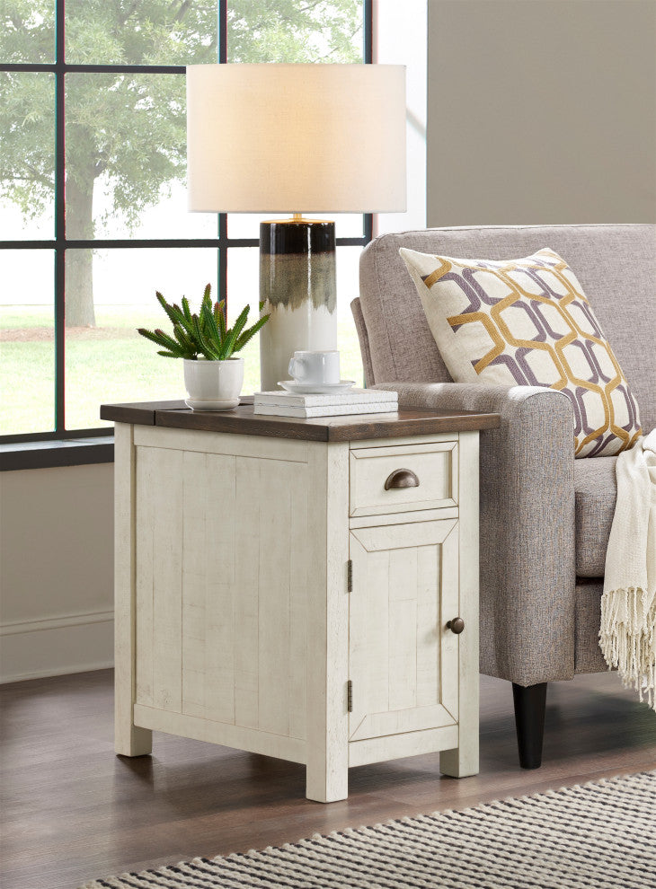 Monterey Chairside Table with USB and 3-prong Charging Station, Two-Tone Cream and Brown