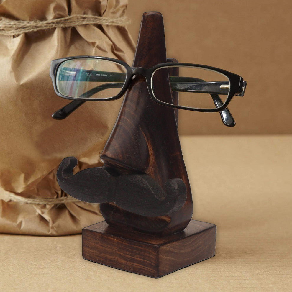 Hand Carved Wooden Nose Shaped Spectacle Holder With Mustache, Brown