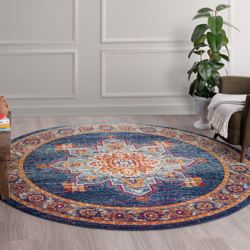 Mila Traditional Medallion Blue & Gold Round Area Rug, 5' Round