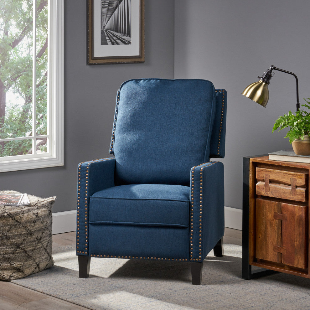 GDF Studio Armstrong Traditional Fabric Recliner, Navy Blue/Dark Brown