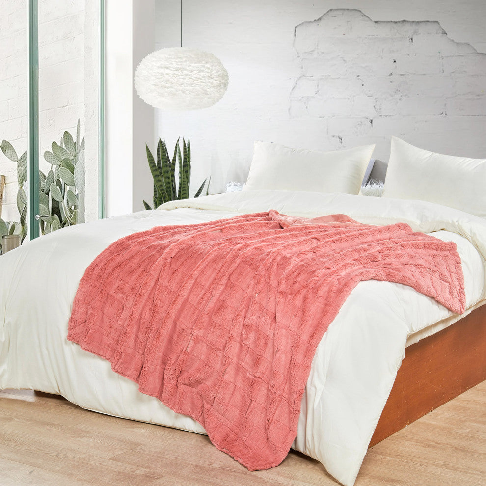 Kasaya Jumbo Jacquard Supersoft Faux Fur Throw Blanket, Terra Cotta, 60" X 80"