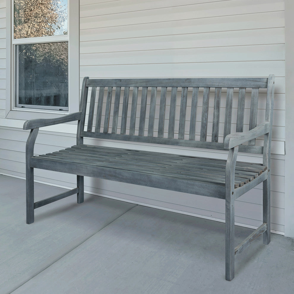 Laurel 59.1" 3-Seat Slat-Back Acacia Wood Outdoor Garden Patio Bench, Gray