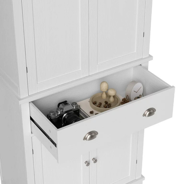 Elegant Pantry Cabinet, Wide Storage Drawer & 4 Paneled Doors With Inner Shelves