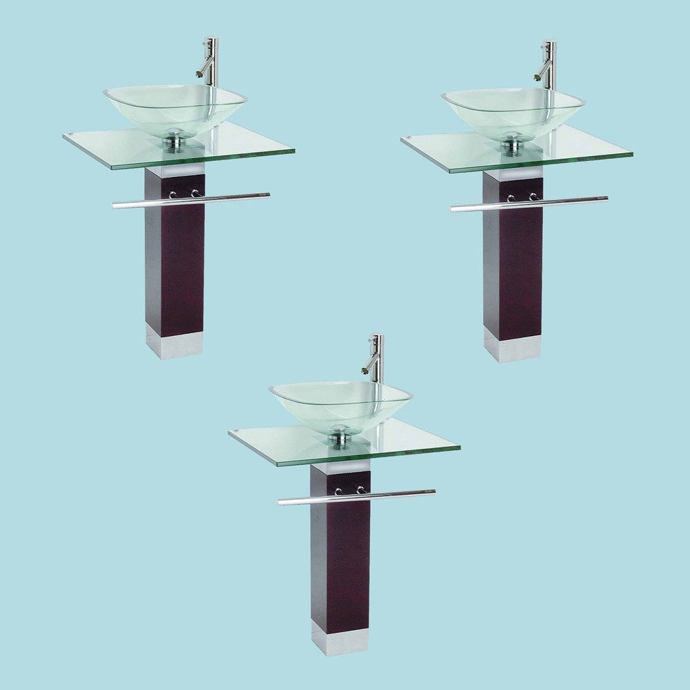 Tempered Glass Pedestal Sink Chrome Faucet Towel Bar and Drain Combo Set of 3