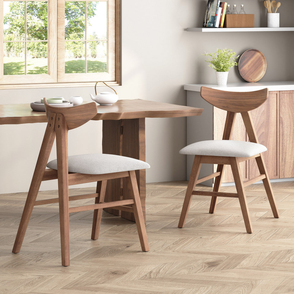 Sunapee Fabric Upholstered Wood Dining Chairs, Set of 2, Light Beige + Natural Walnut