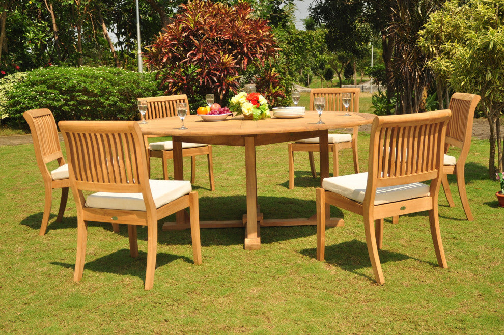 7-Piece Outdoor Dining Set, 72" Round Table, 6 Arbor Stacking Armless Chairs