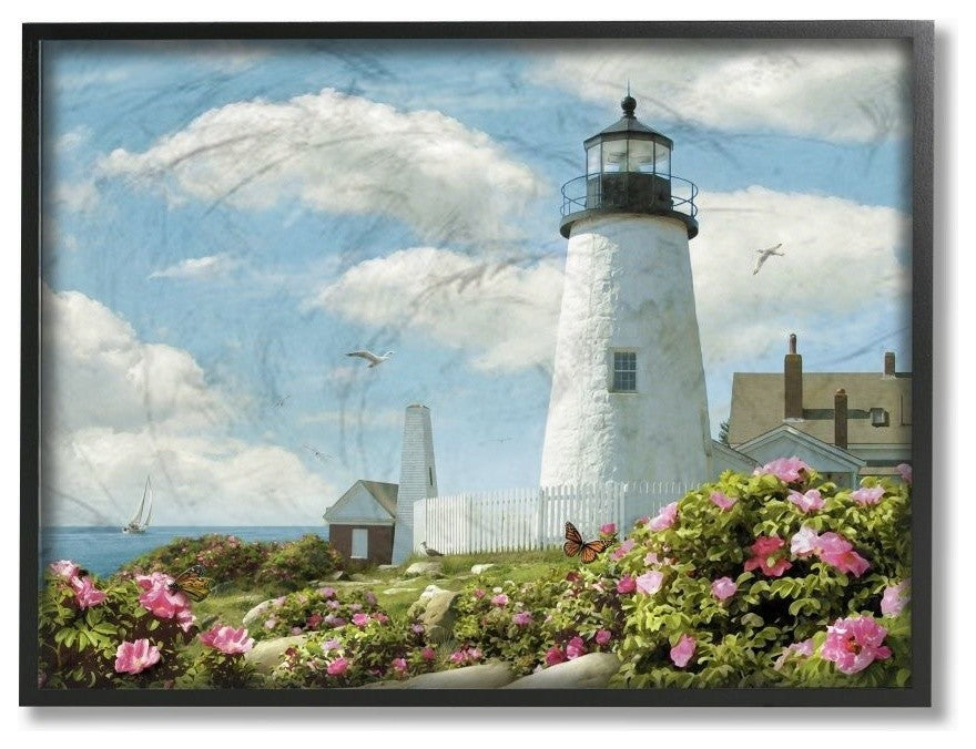 Pemaquid Lighthouse Bright Pink Floral Sea Side Scene, Framed, 24"x30"