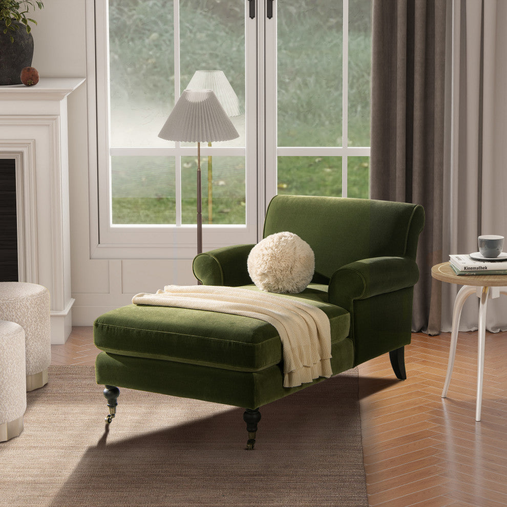 Alana Lawson Tight-Back Rolled-Arm Velvet Chaise Lounge Chair, Olive Green