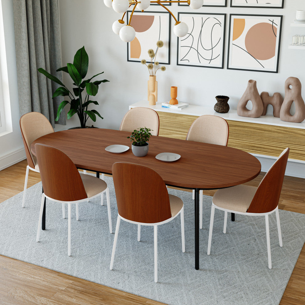 LeisureMod Tule Dining Chair with White Frame Set of 4, Walnut/Light Brown