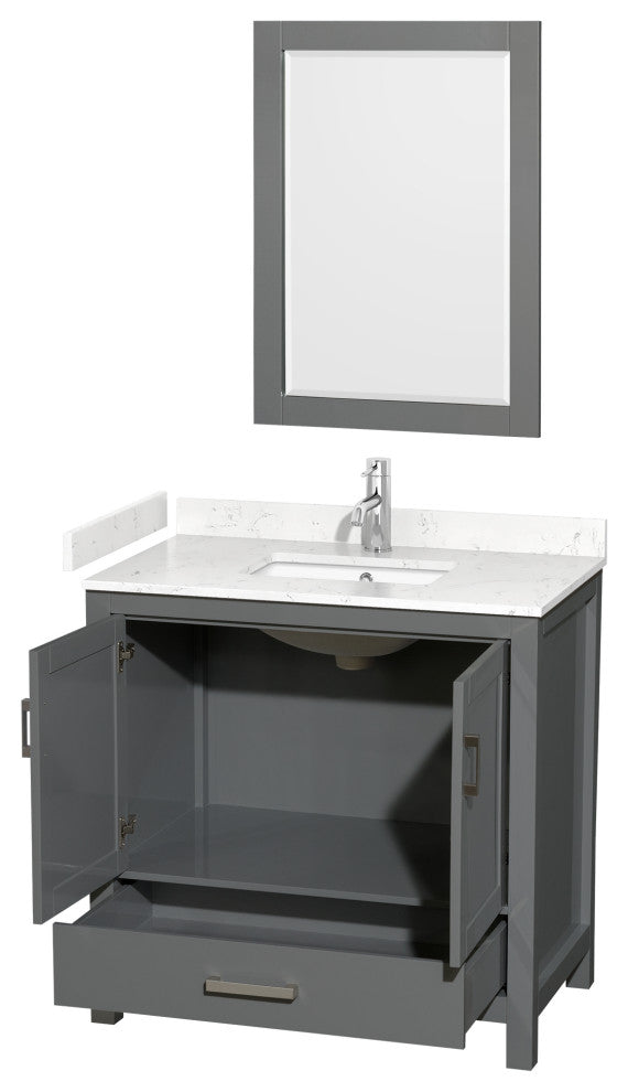 36"SGL Vanity Dark Gray, Carrara Cult. Marble Countertop, Sink, 24"Mirror