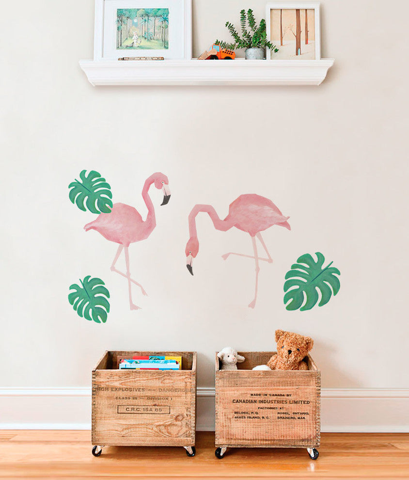 Wild Animals, Tropical Leaves Vinyl Wall Sticker, Flamingo
