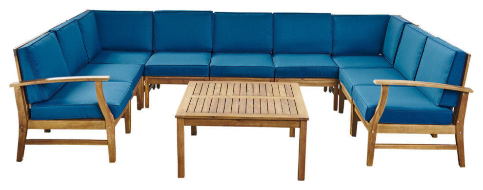 GDF Studio Judith Outdoor 9 Seater Sectional Sofa Set With Cushion, Teak/Blue