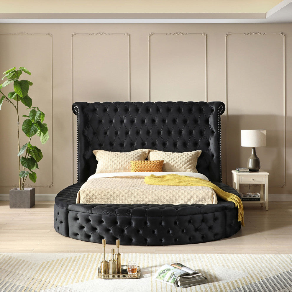 Better Home Products Elizabeth Upholstered Round Storage King Bed in Black