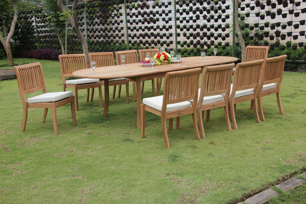 11-Piece Teak Dining Set, 117" Extn Oval Table, 10 Arbor Stacking Armless Chairs
