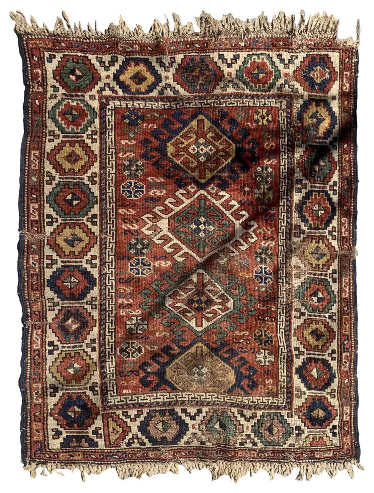 Handmade Antique Caucasian Kazak Rug 3.4'x4.4', 103cmx134cm 1880s