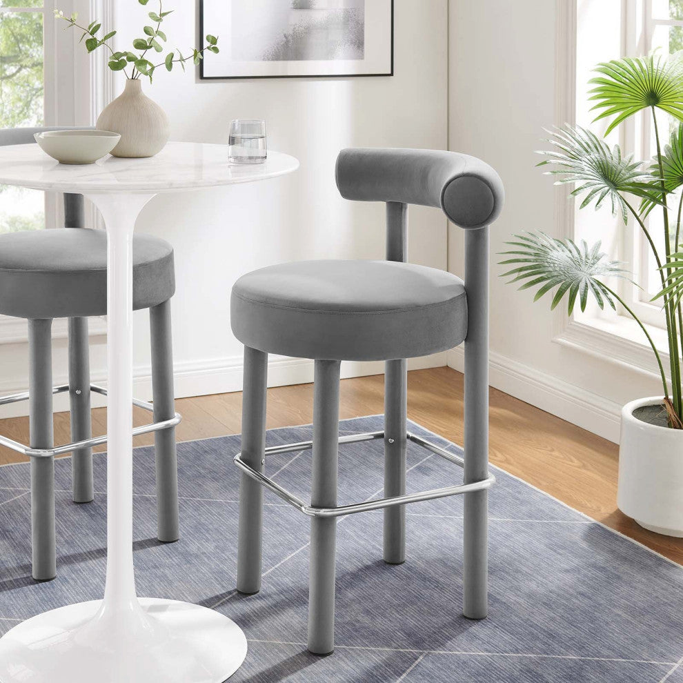 Toulouse Performance Velvet Bar Stool, Curved Round Bolster Kitchen Stool, Grey