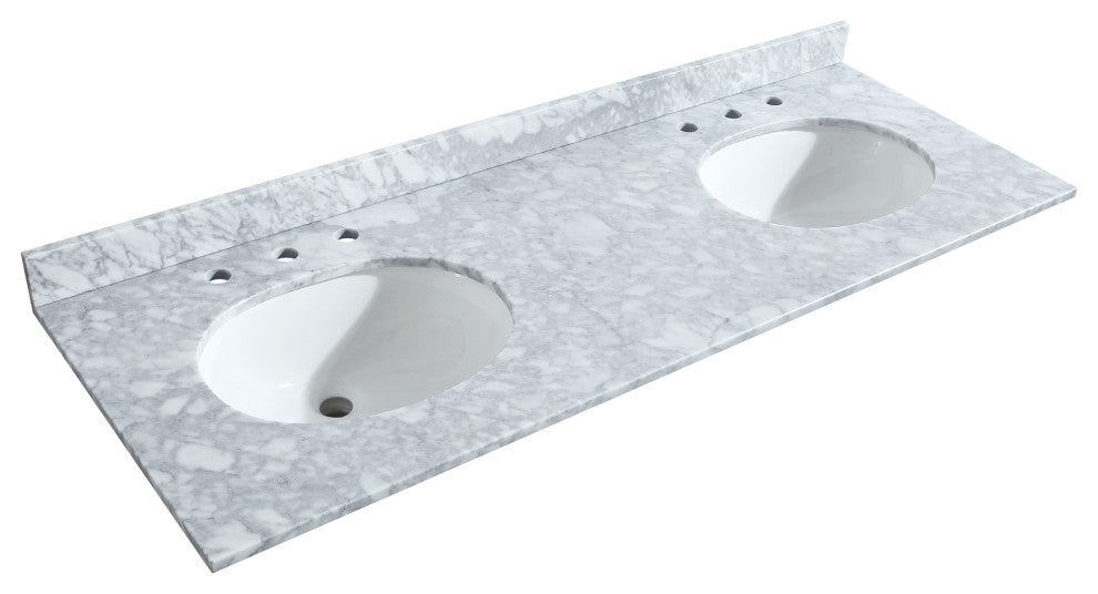 60"DBL Bath Vanity White, Carrara Countertop, Sinks, Gold Trim, 58" Mirror