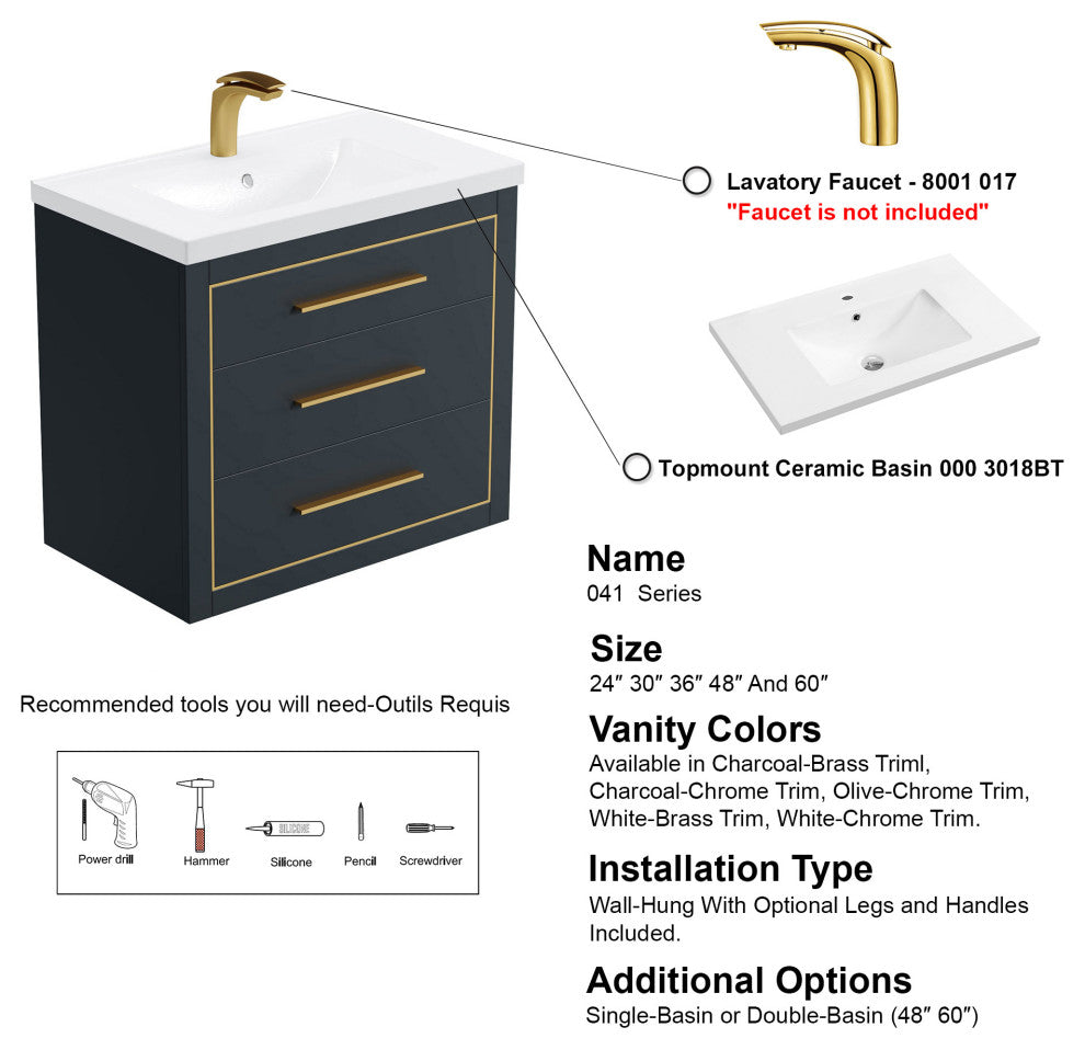 Sherwood 30" Single Vanity Set, Charcoal, Brass Trim, Floating Only
