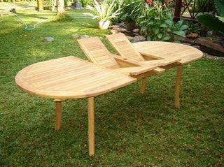 9-Piece Outdoor Teak Dining Set 94" Oval Extn Table, 8 Arbor Stacking Arm Chairs